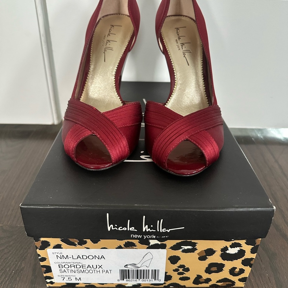 Nicole Miller Women's Red Satin Peep-Toe Heels